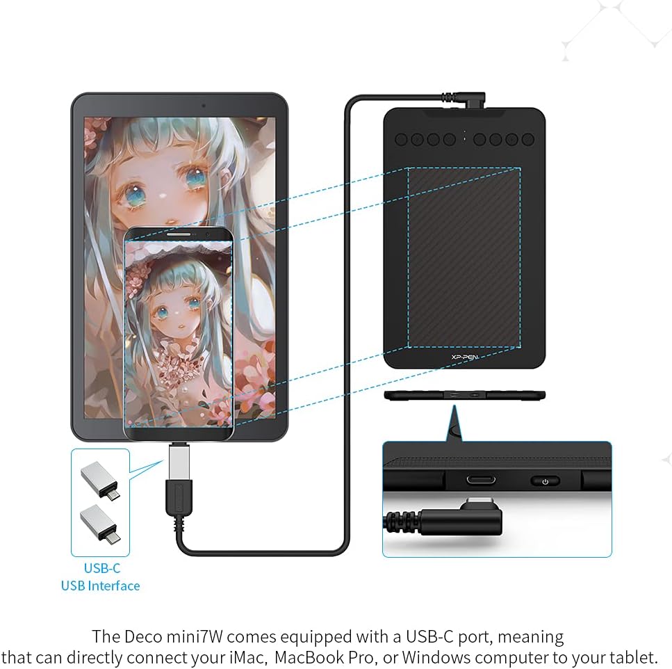 Deco mini7W Wireless Graphics Drawing Tablet with Battery-Free Pen