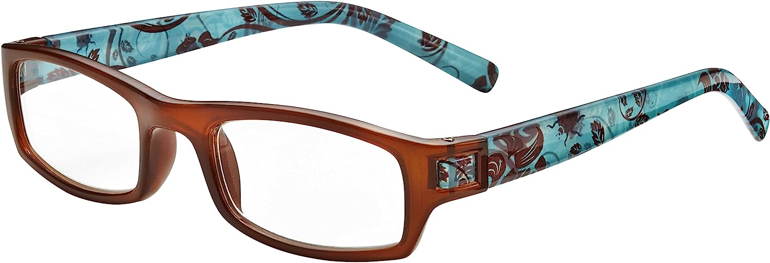 Wink Fun 1.50 Reading Glasses - Brown Face, Blue Temples, Matching Case