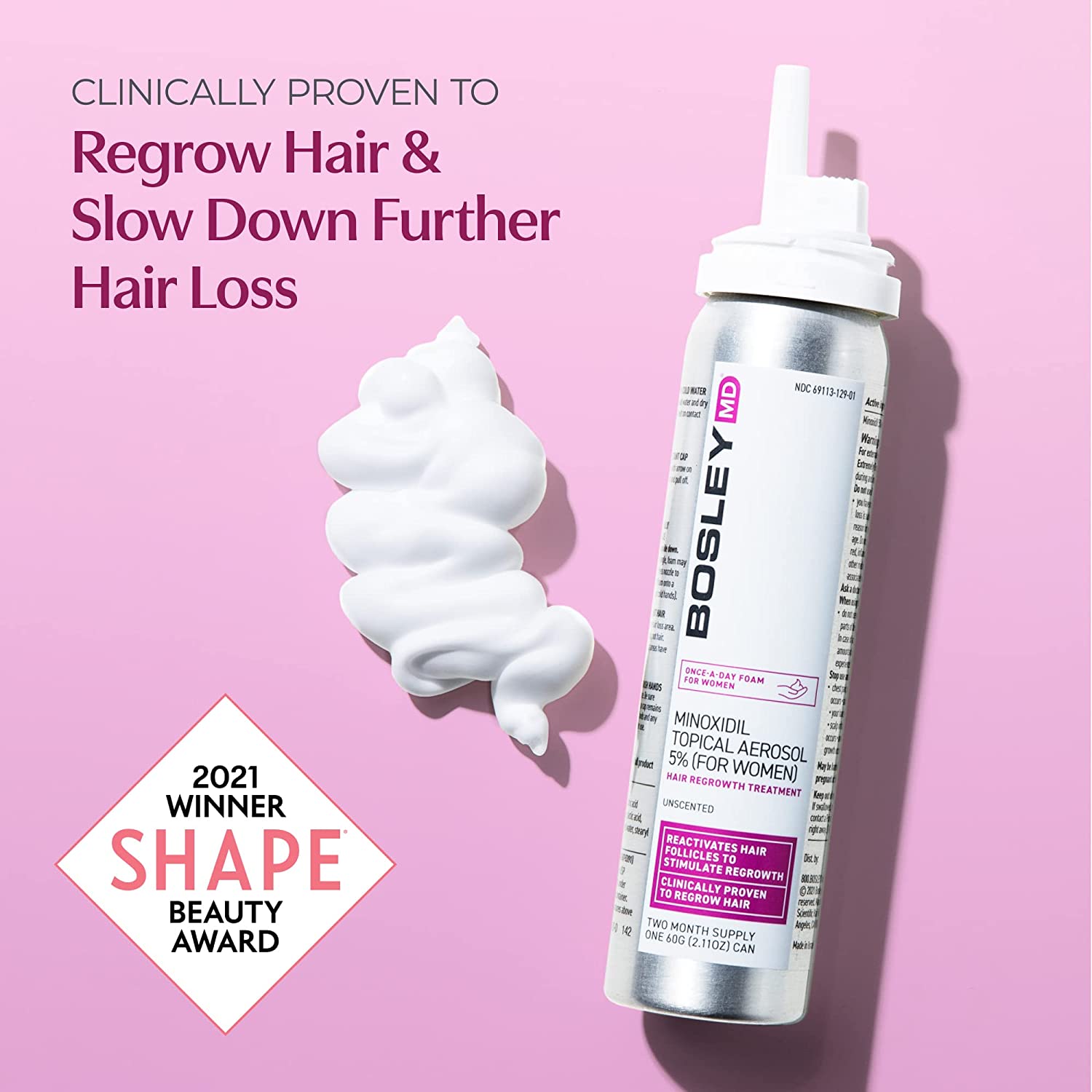 BosleyMD Hair Regrowth Foam: Clinically proven to regrow hair for men & women. 1 month supply. Exp 11/2023.