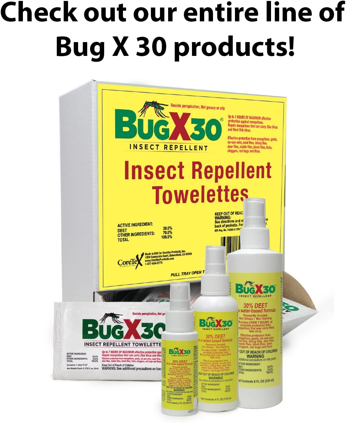 50 Pack BugX30 DEET Insect Repellent Wipes - 7 Hours Protection