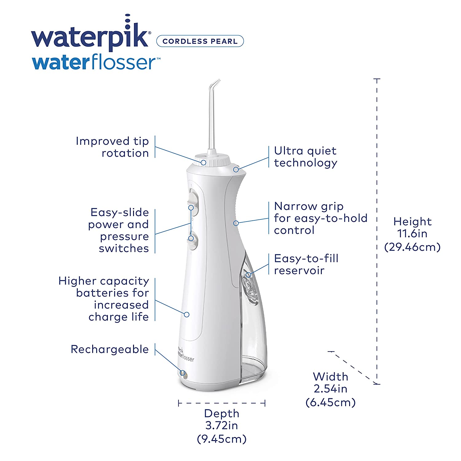 Waterpik Cordless Pearl Rechargeable Portable Water Flosser for Teeth, Gums, Braces Care and Travel