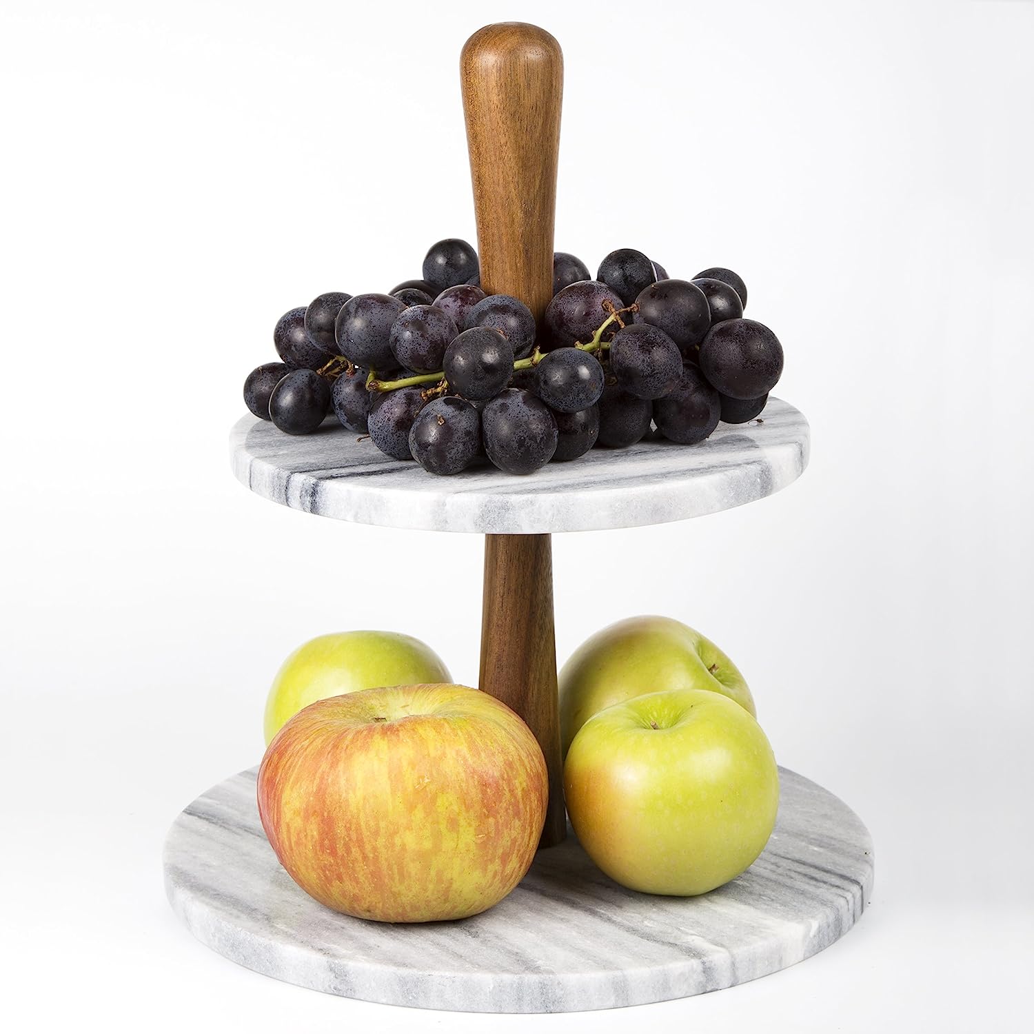 2-Tier Marble Cake Stand | Hand-Crafted | Natural Stone | Acacia Wood