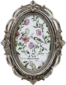 Vintage Oval Picture Frame - Silver - 4x6 Inch - Stain-Proof Glass
