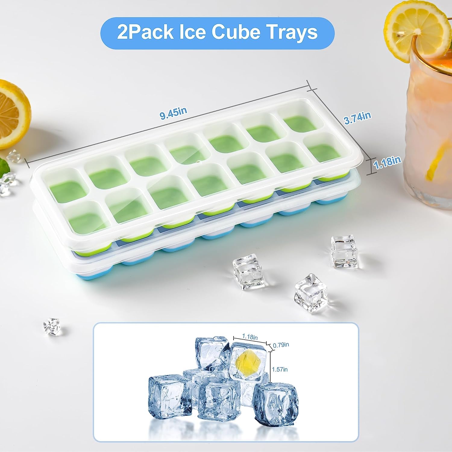 2-Pack Silicone Ice Cube Trays - Easy Release, Removable Lid, Whiskey & More