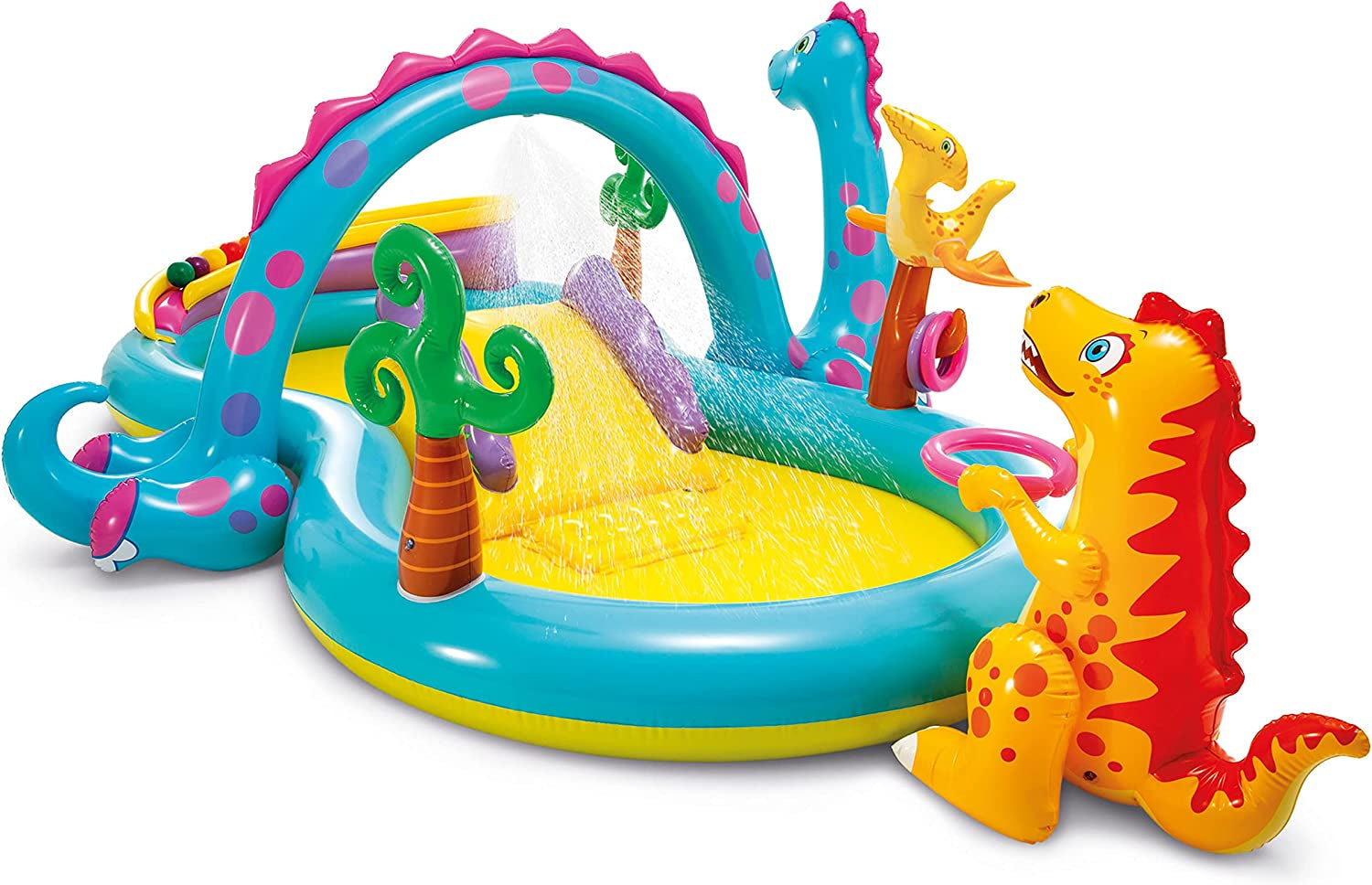 Inflatable Dinosaur Play Center with Water Slide, Ball Toss, and Ring Toss