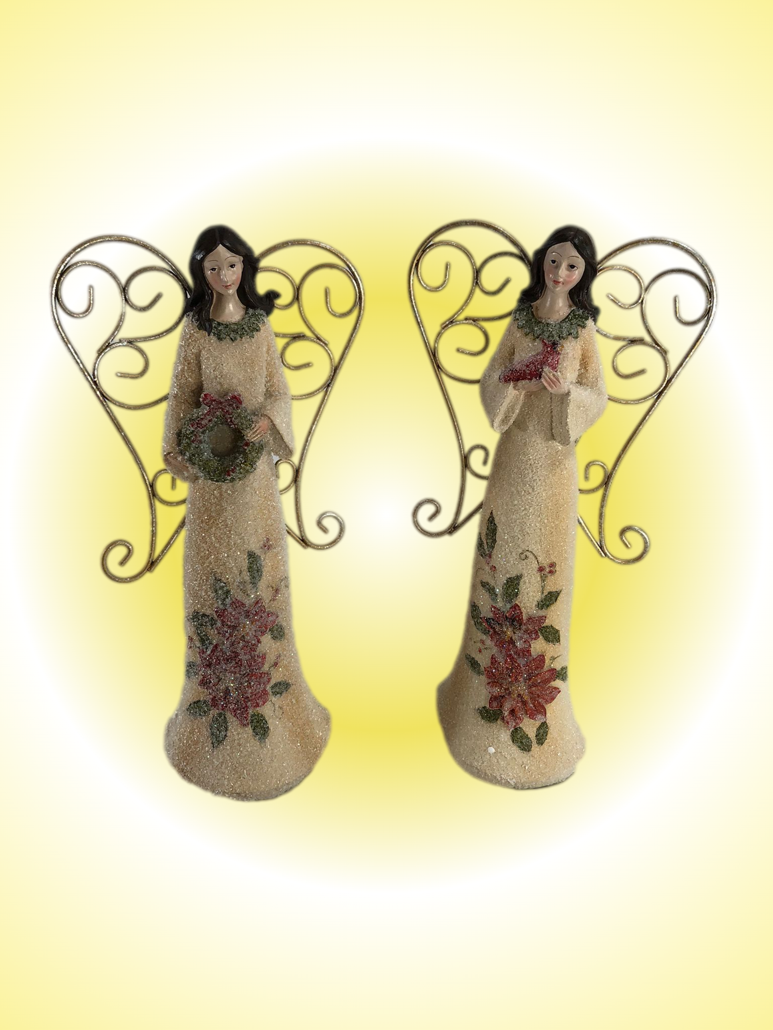 12" Angel Figurine One Holding a Cardinal and the other a Wreath - Pack of 2