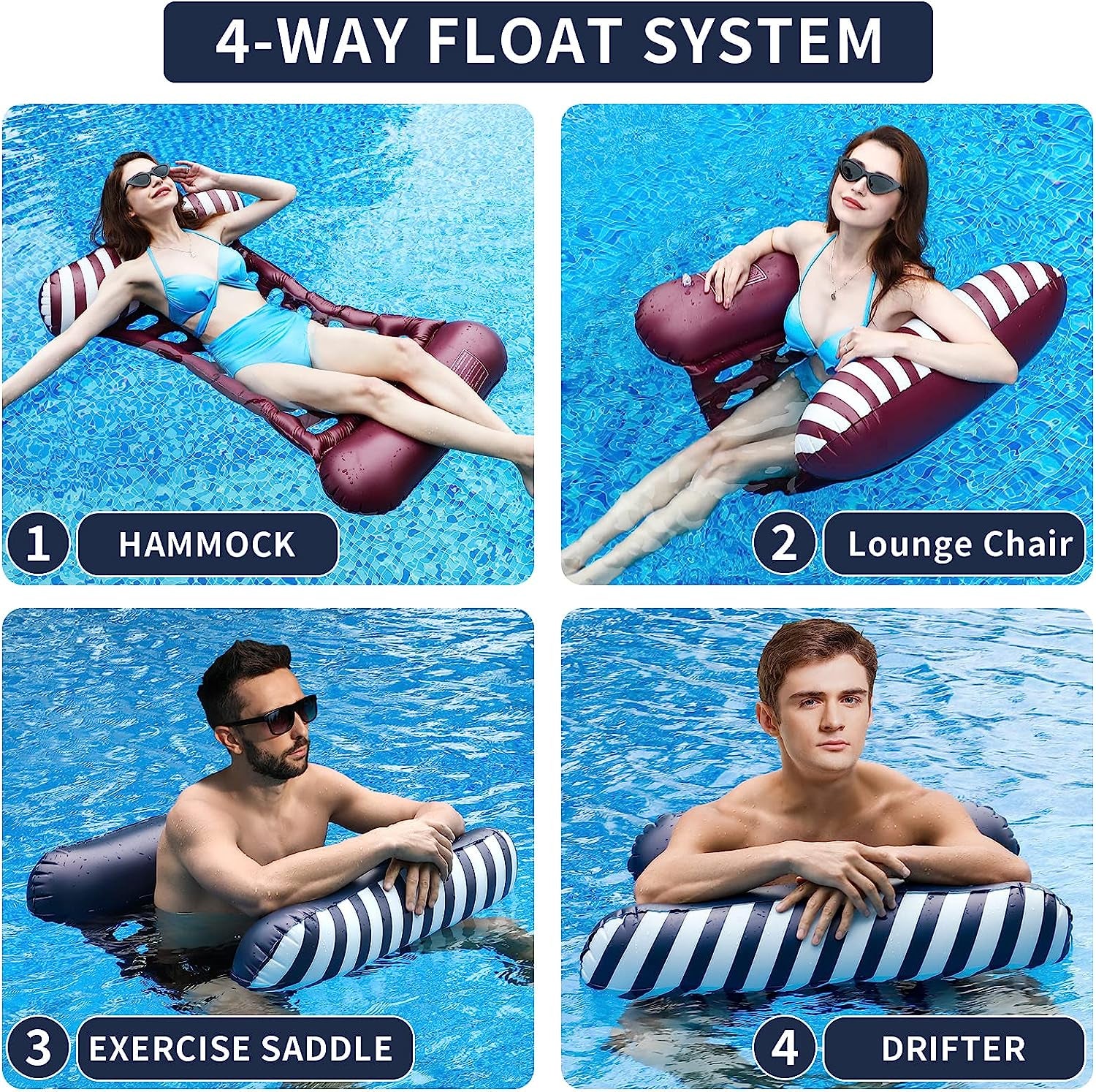 2-Pack Inflatable Pool Float Hammock - Adult Size, 4-in-1 Pool Floaties