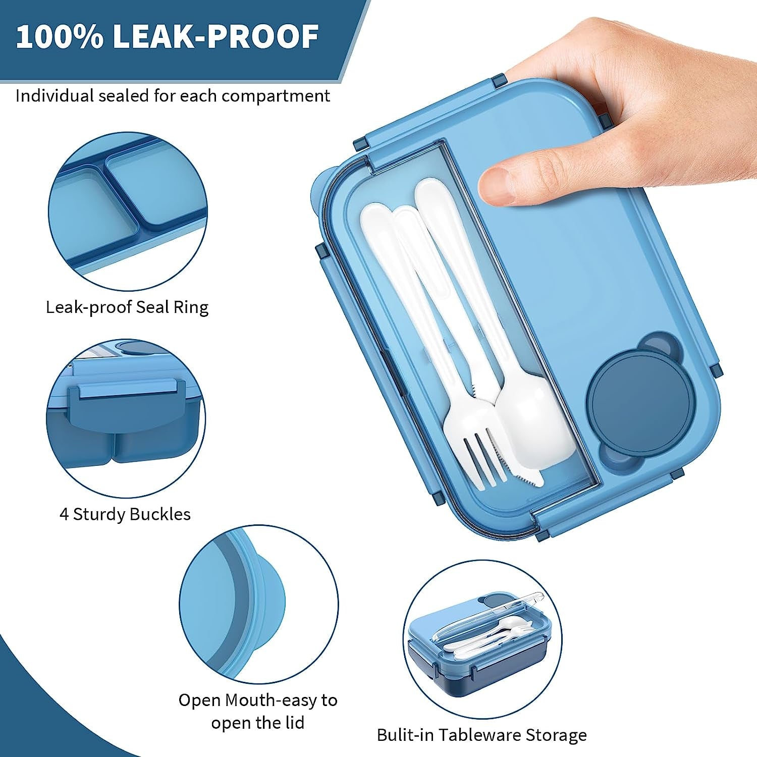 1300ML Leak-Proof Adult Bento Box with Utensils - Blue 