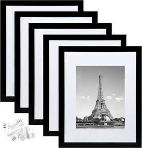 Black 11x14 Picture Frame Set of 5, Display Pictures 8x10 with Mat or 11x14