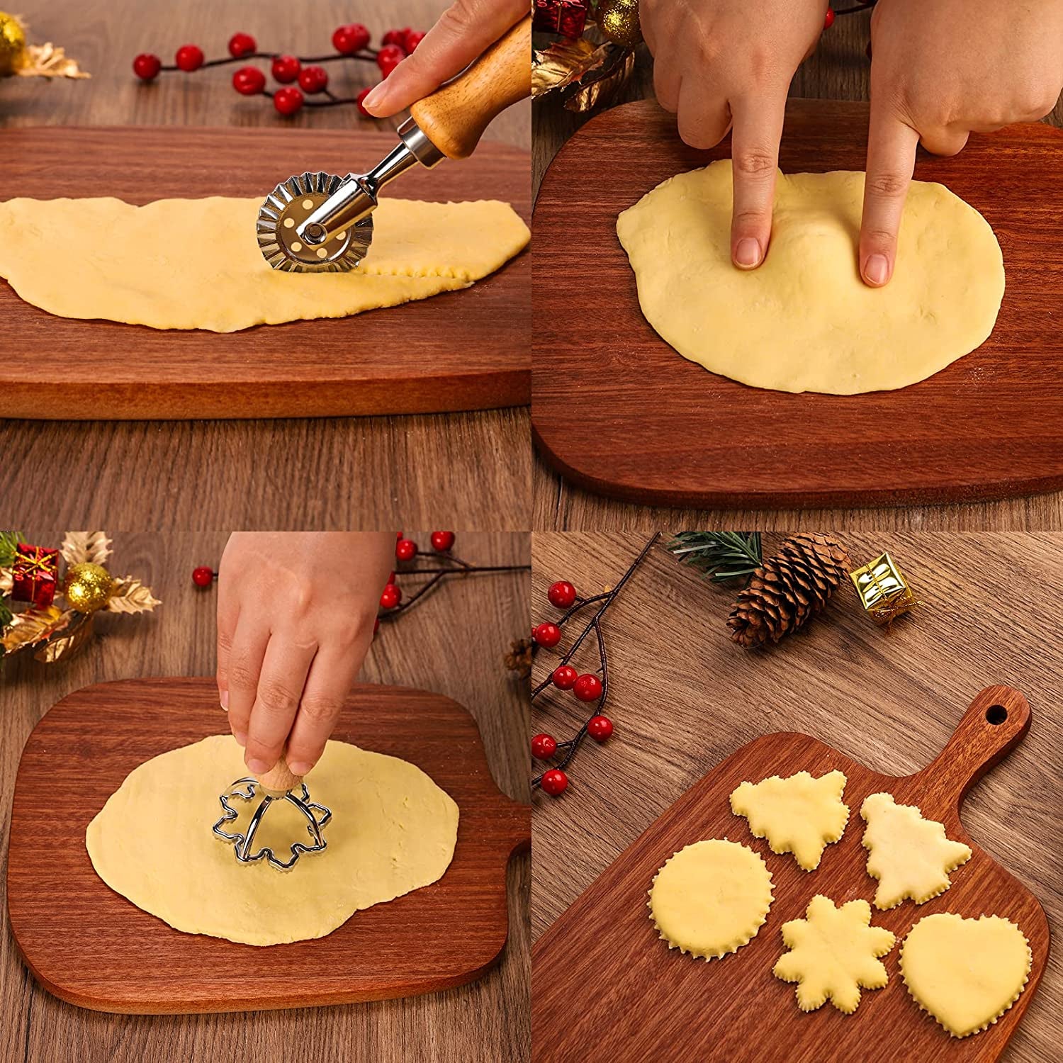Ravioli Stamp Set - 5 Pieces, Christmas-Style Molds, Wooden Handle