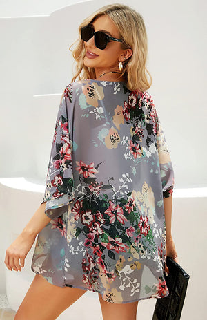 Women's Floral Print Puff Sleeve Kimono Cardigan - Summer Casual Beach Cover Up
