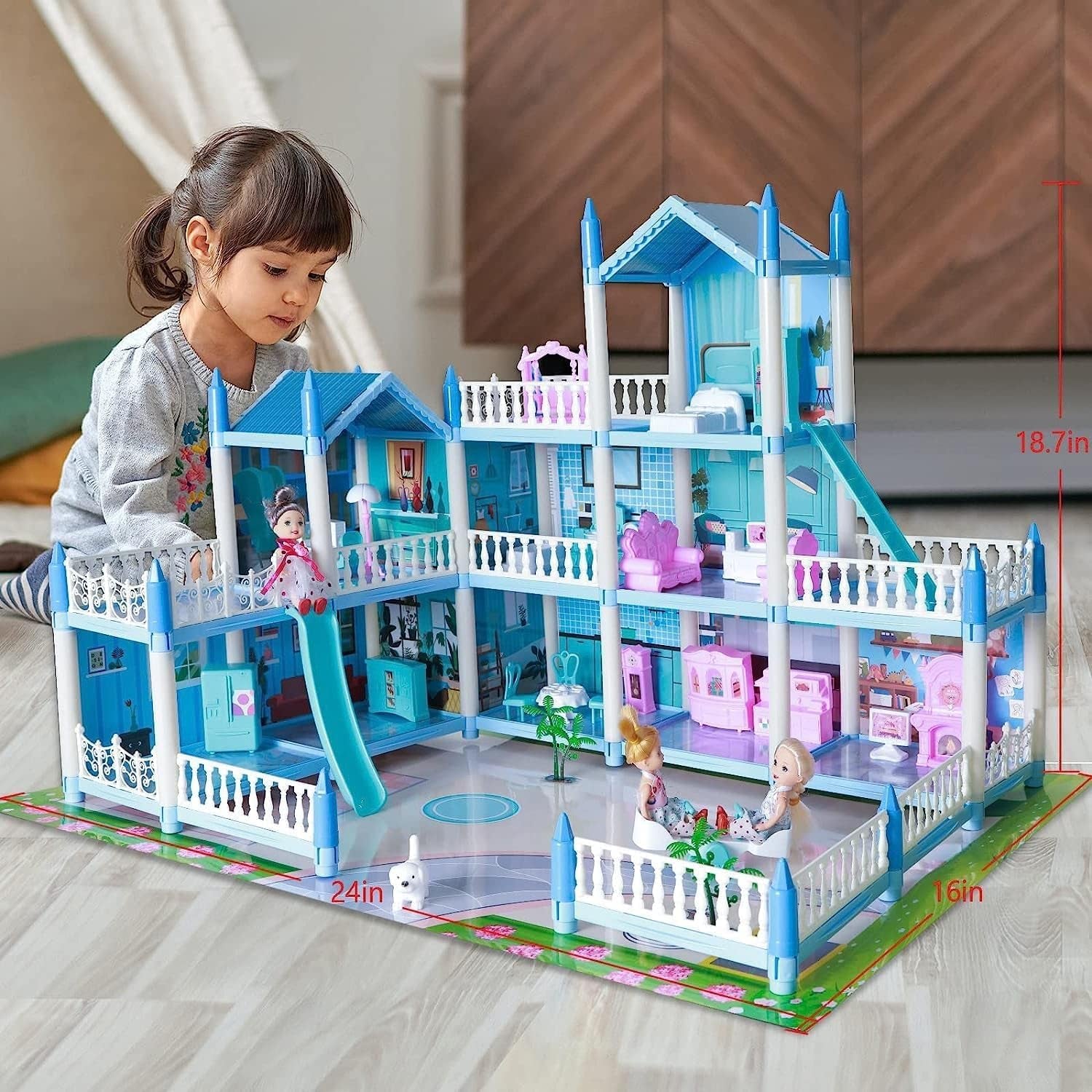 Blue 3-Story 9-Room Dollhouse with Flashing Lights, Furniture, and Dolls 