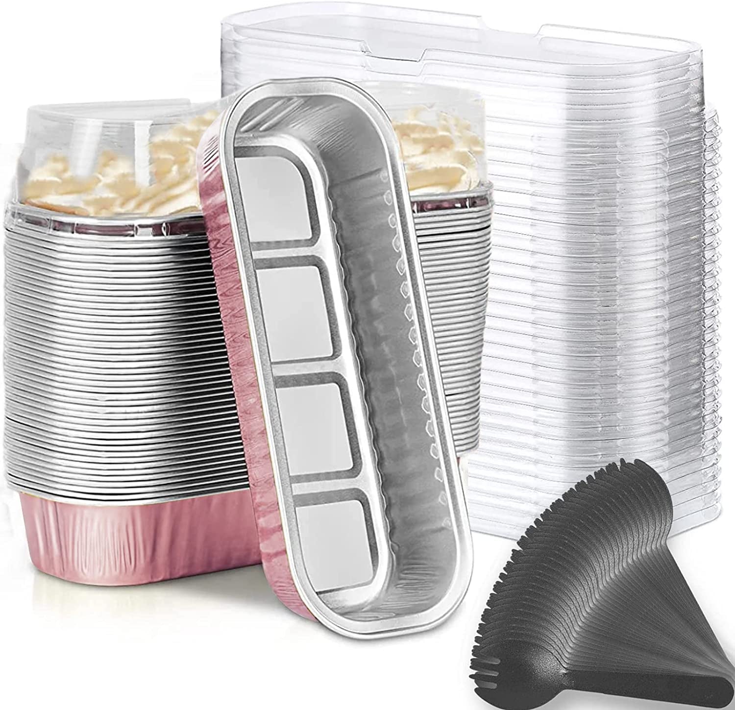 50 Pack Mini Loaf Baking Pans with Lids & Spoons - 6.8oz Aluminum Foil Rectangle