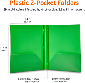 12 Assorted Color Heavy Duty Plastic Folders for Letter Size Paper with 2 Pockets 