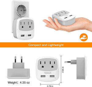 European Travel Plug Adapter with 2 USB Ports Type C Outlet US to Most of Europe