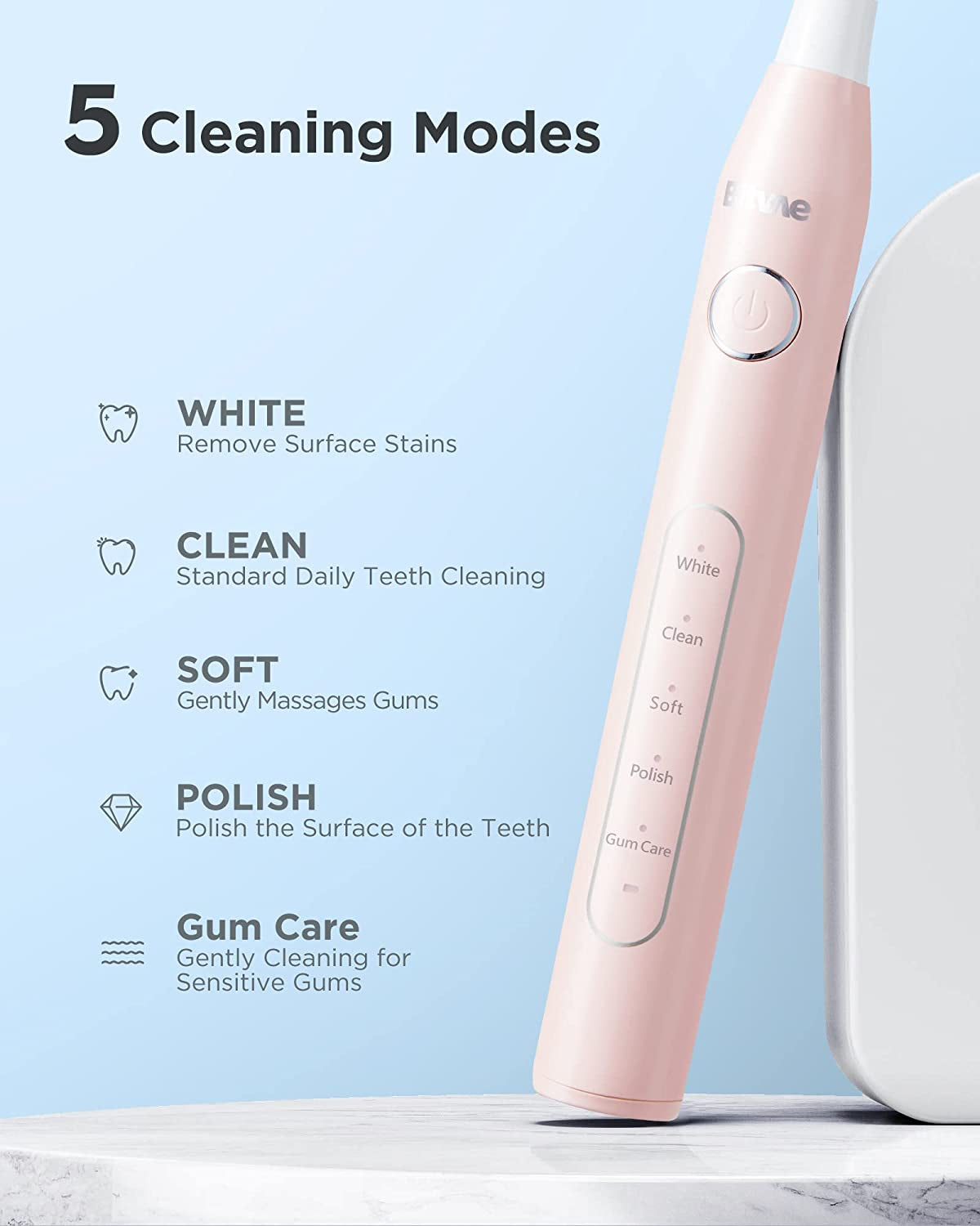 5-Mode Sonic Electric Toothbrush, 8 Brush Heads, Waterproof, 30 Days Battery