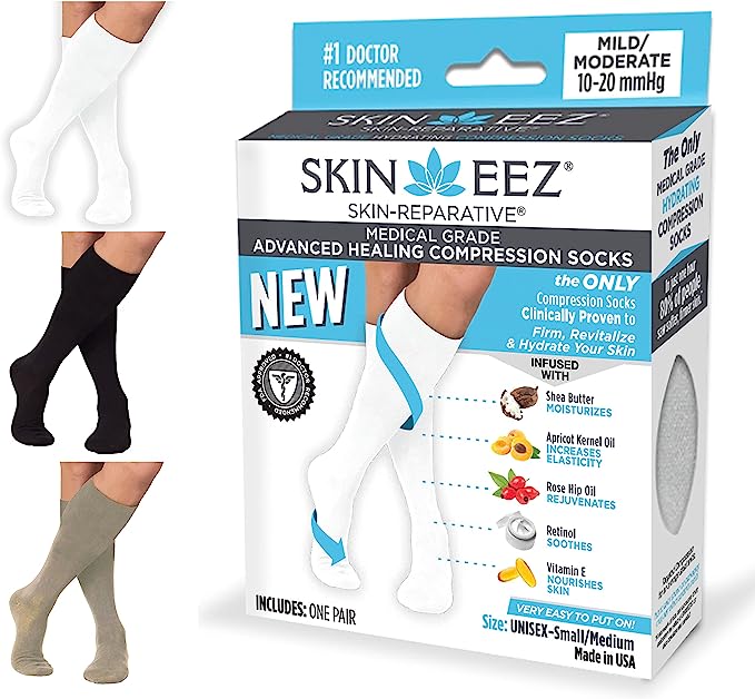 Skineez Advanced Healing Compression Socks 10-20mmHg, White, Small/Medium, 1 Pair