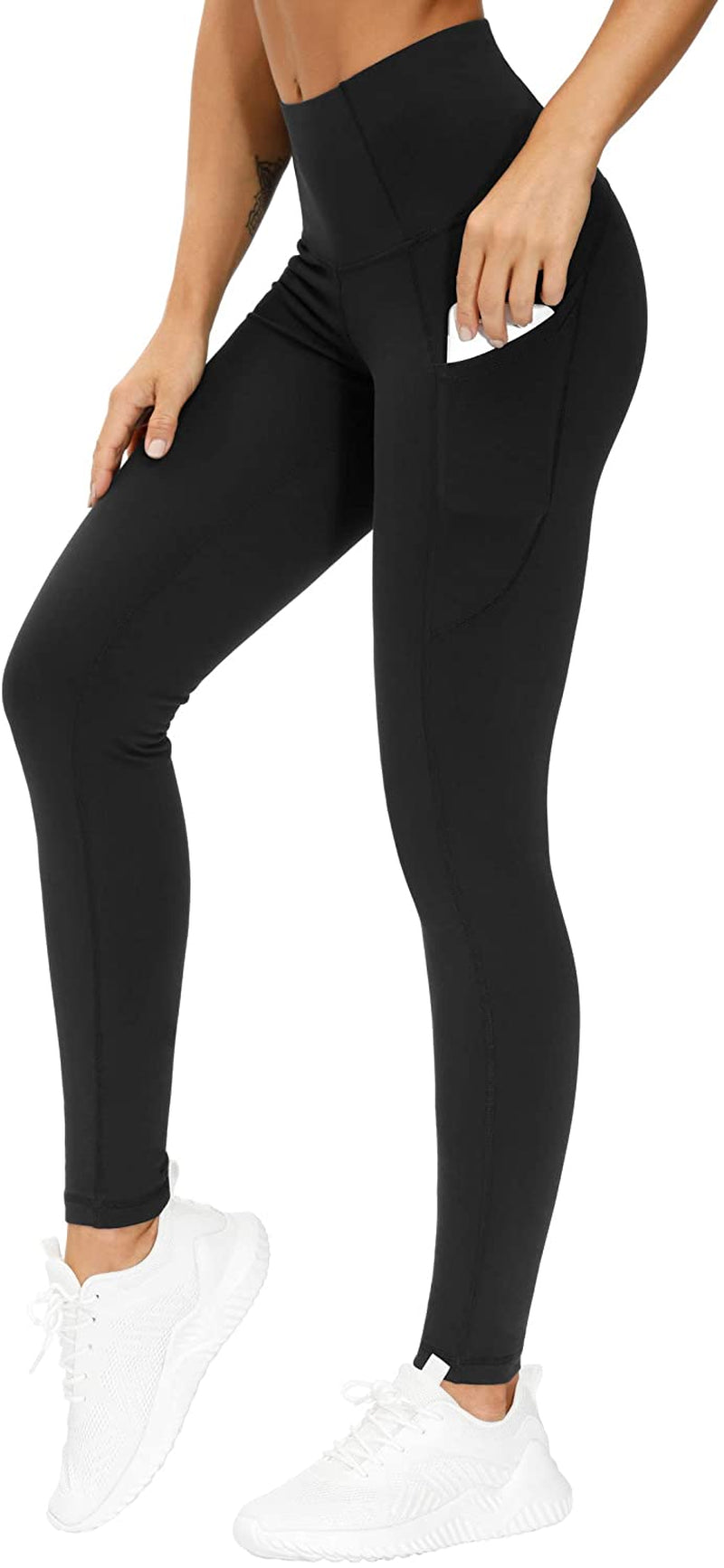 Thick High Waist Yoga Pants with Pockets - Tummy Control, Black, Large