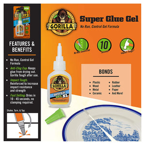 Gorilla Super Glue Gel XL - Fast-Setting, Impact-Tough, No Run Control Gel 