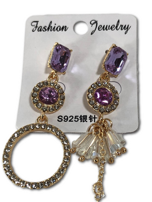D.Rosse Charm Elegant Geometry Purple Crystal Rhinestone Ear Stud Long Dissymmetry Round Dangle Earrings for Women (Purple)