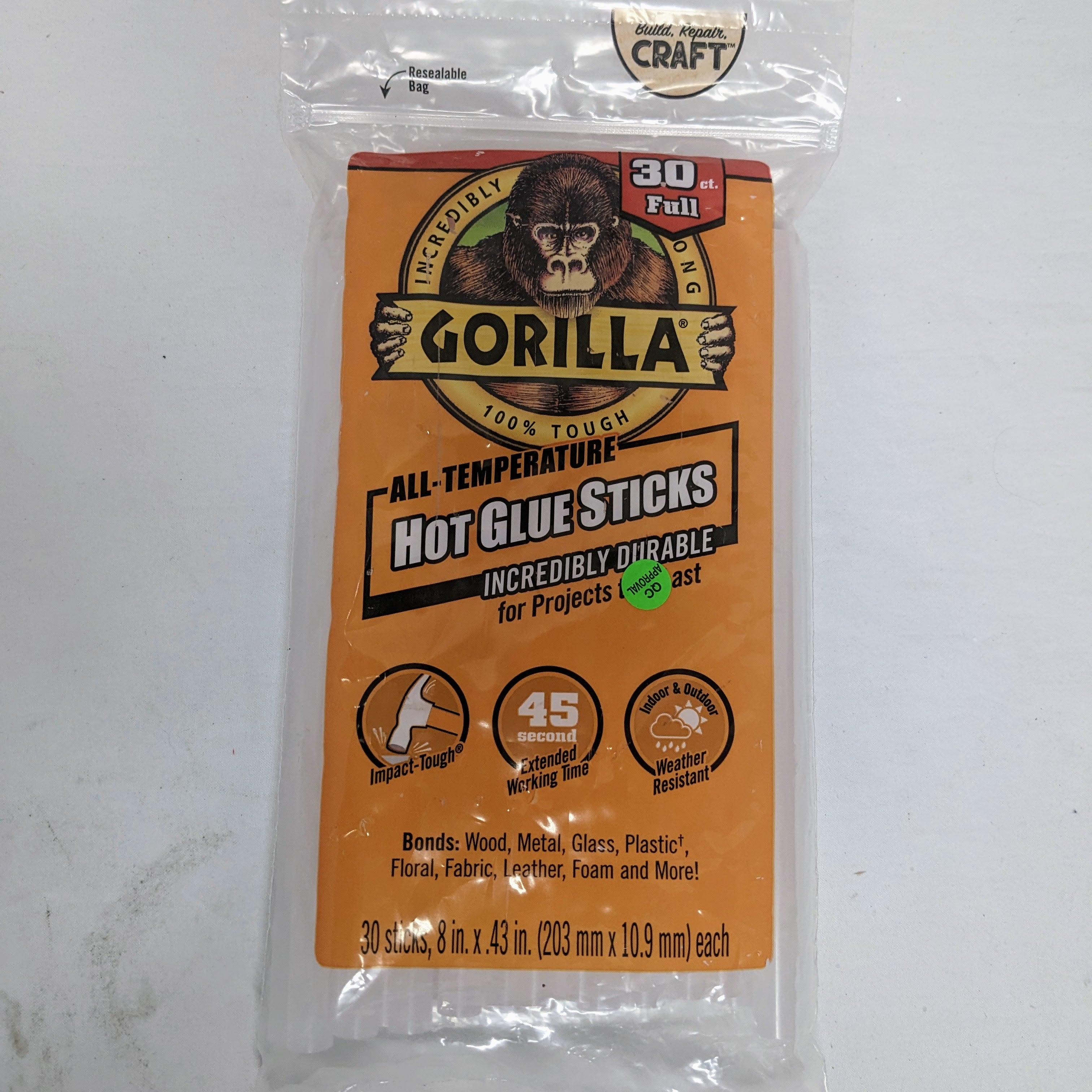 Gorilla Hot Glue Sticks, Full Size, 8" Long x .43" Diameter 30 count