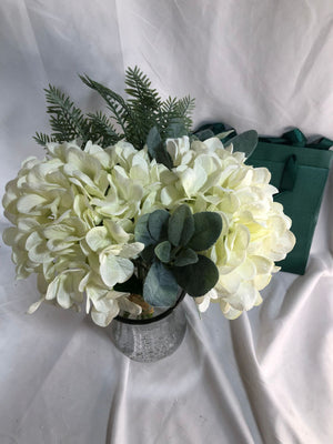 Hydrangeas & Winter Fern in Mercury Glass Vase w/Gift Bag by Peony
