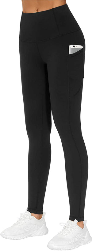 Thick High Waist Yoga Pants with Pockets - Tummy Control, Black, Large