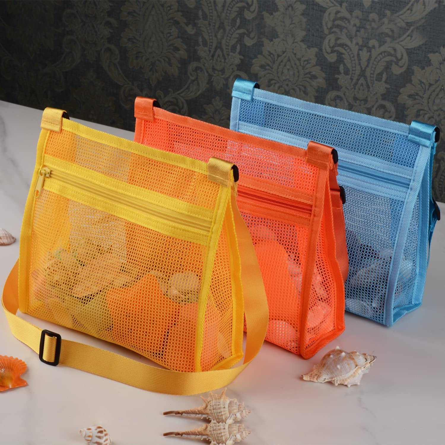 Mesh Bags for Beach Shells - 3 Pack (Blue, Yellow, Orange)