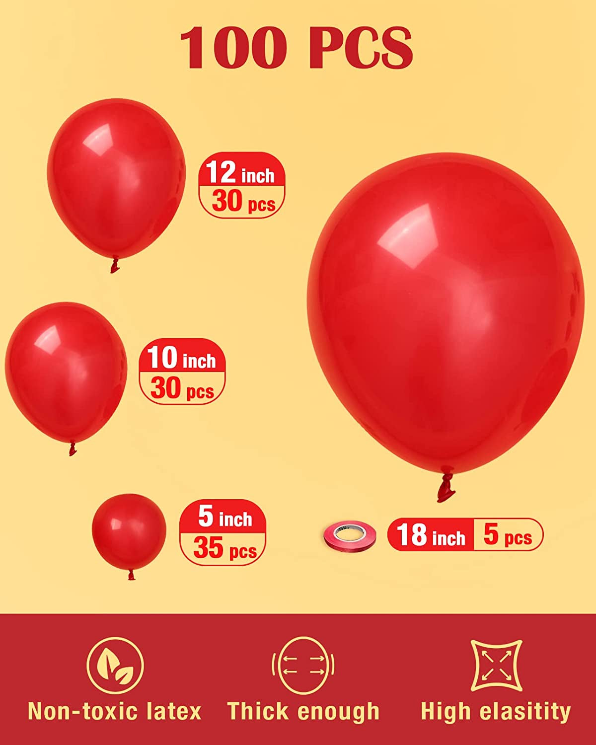 100Pcs Red Latex Balloons - Assorted Sizes for Birthday, Party Decorations 