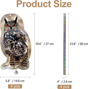 4 Pack Realistic Hanging Fake Owls - Keep Birds Away - Weatherproof PP Plastic