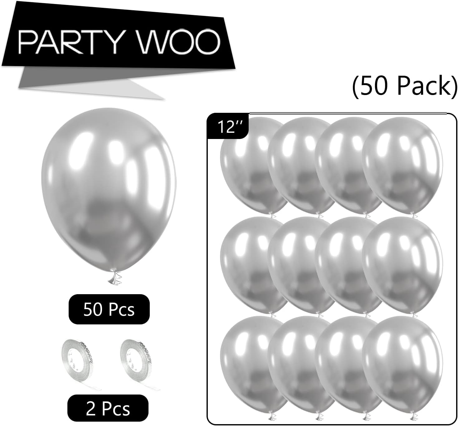 50pcs 12 inch Metallic Silver Balloons - Wedding Birthday Party Decorations