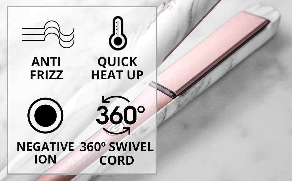 FoxyBae White Marble Rose Gold Flat Iron - Ceramic Tourmaline Technology - Hair Straightener with Negative Ions - Straightens & Curls Hair - Professional Salon Grade Hair Styling Tool (1")
