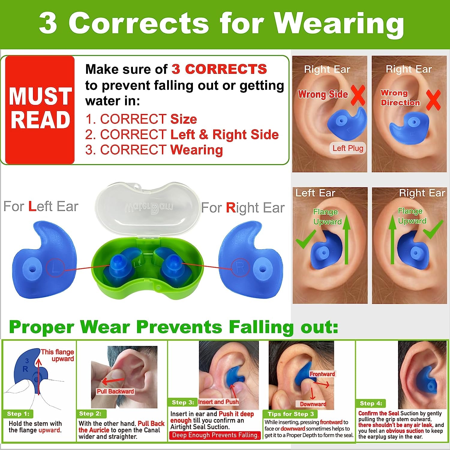 Waterdam Swimming Ear Plugs Great Waterproof Ultra Comfy Earplugs Prevent Swimmer'S Ear (Size 1+2: Toddlers (Blue) & Small&Medium Ear Women Kids Teens (Green))
