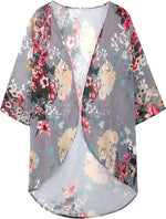 Women's Floral Print Puff Sleeve Kimono Cardigan - Summer Casual Beach Cover Up