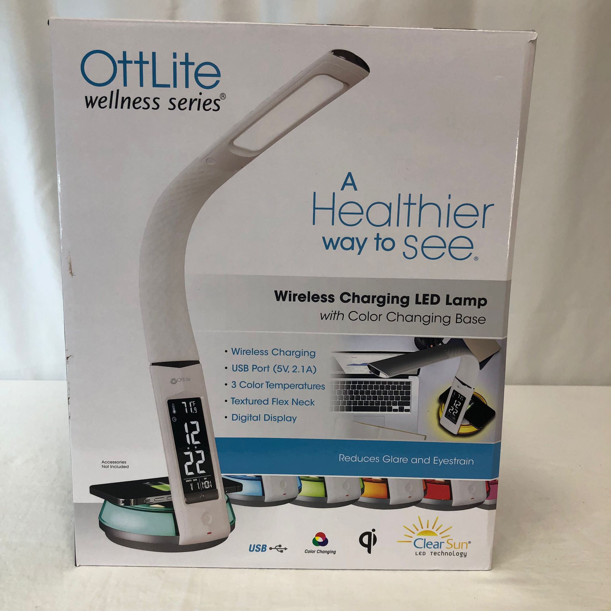 OttLite LED Desk Lamp with Clock and Wireless Charging Station