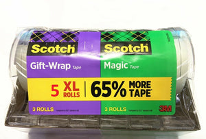 3M Scotch 3x Magic Tape/3x Gift Wrap Tape, 5500" Total, 5-pack,3/4" X 1100" Each