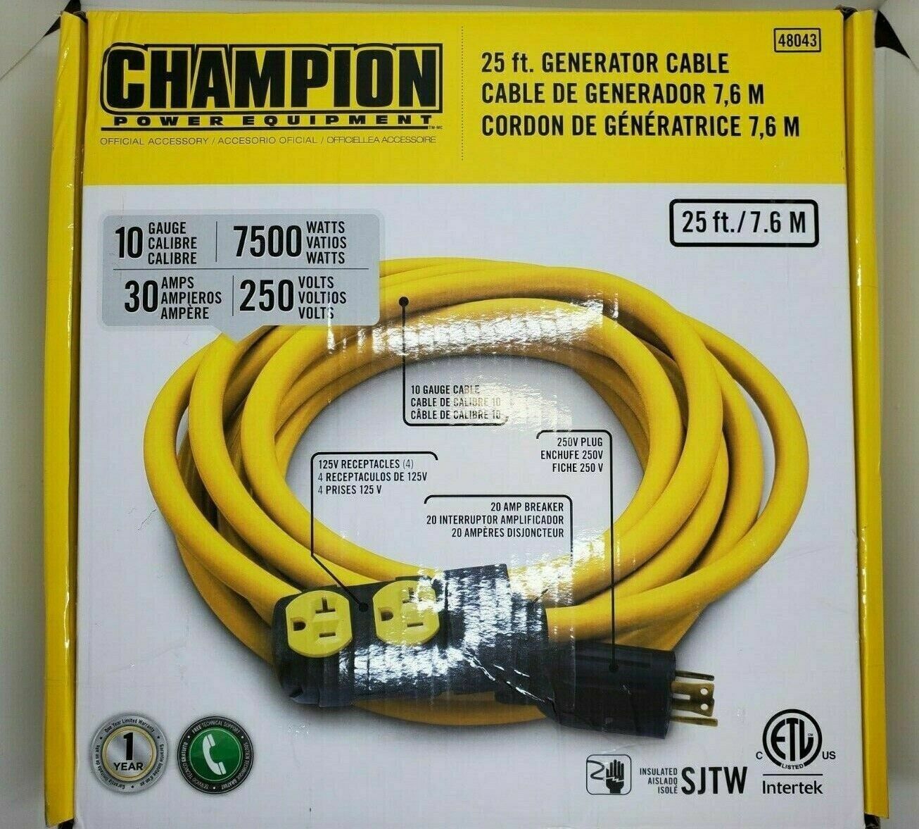 Champion Power Equipment 25 ft Generator Cable 250 Volt 30 AMP 7500 Watts M7E