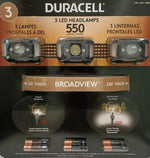 Duracell 550 Lumens LED Headlamps Broadview. 3 Pack Open Box